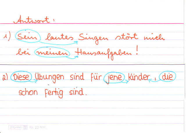 Bilde einen Satz, in dem Possessivpronomen vorkommen und einen Satz, in dem Demonstrativpronomen vorkommen!