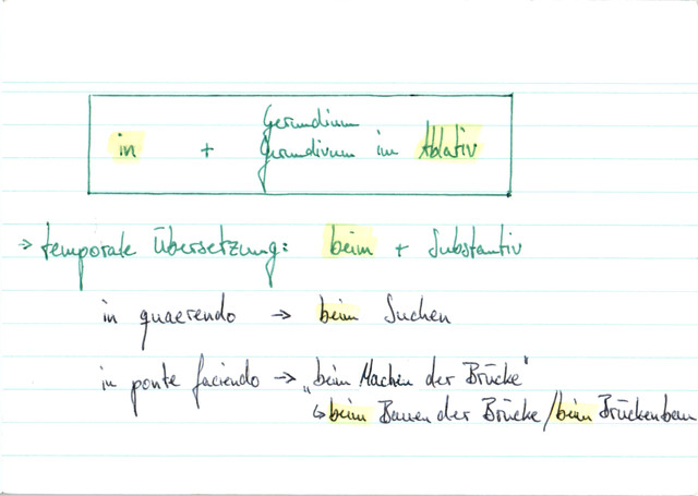 Wie übersetzt man  "in quaerendo" und "in ponte faciendo"?