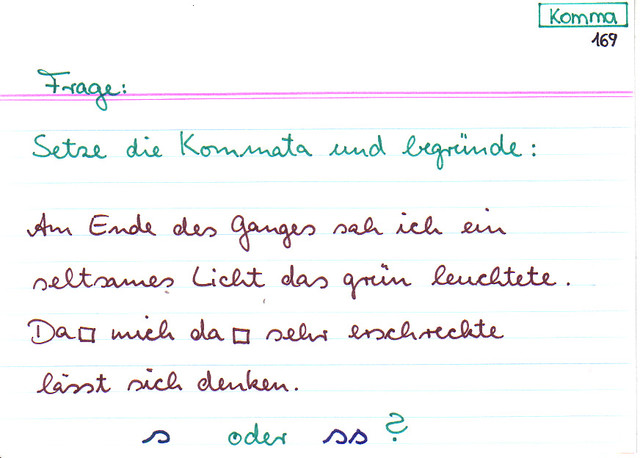 Setze die Kommata und begründe! s oder ss?